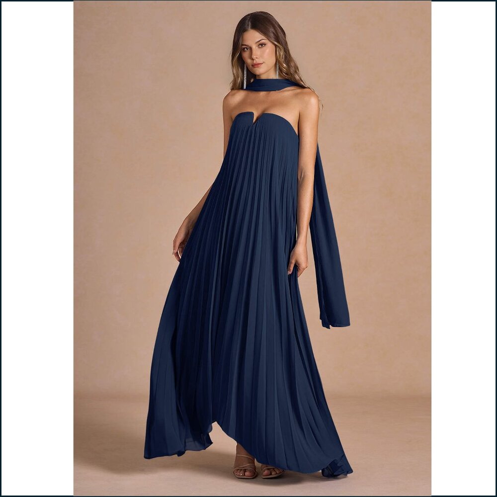 [NWT] Azazie Atelier Nahla Navy Allover Pleated Maxi Dress